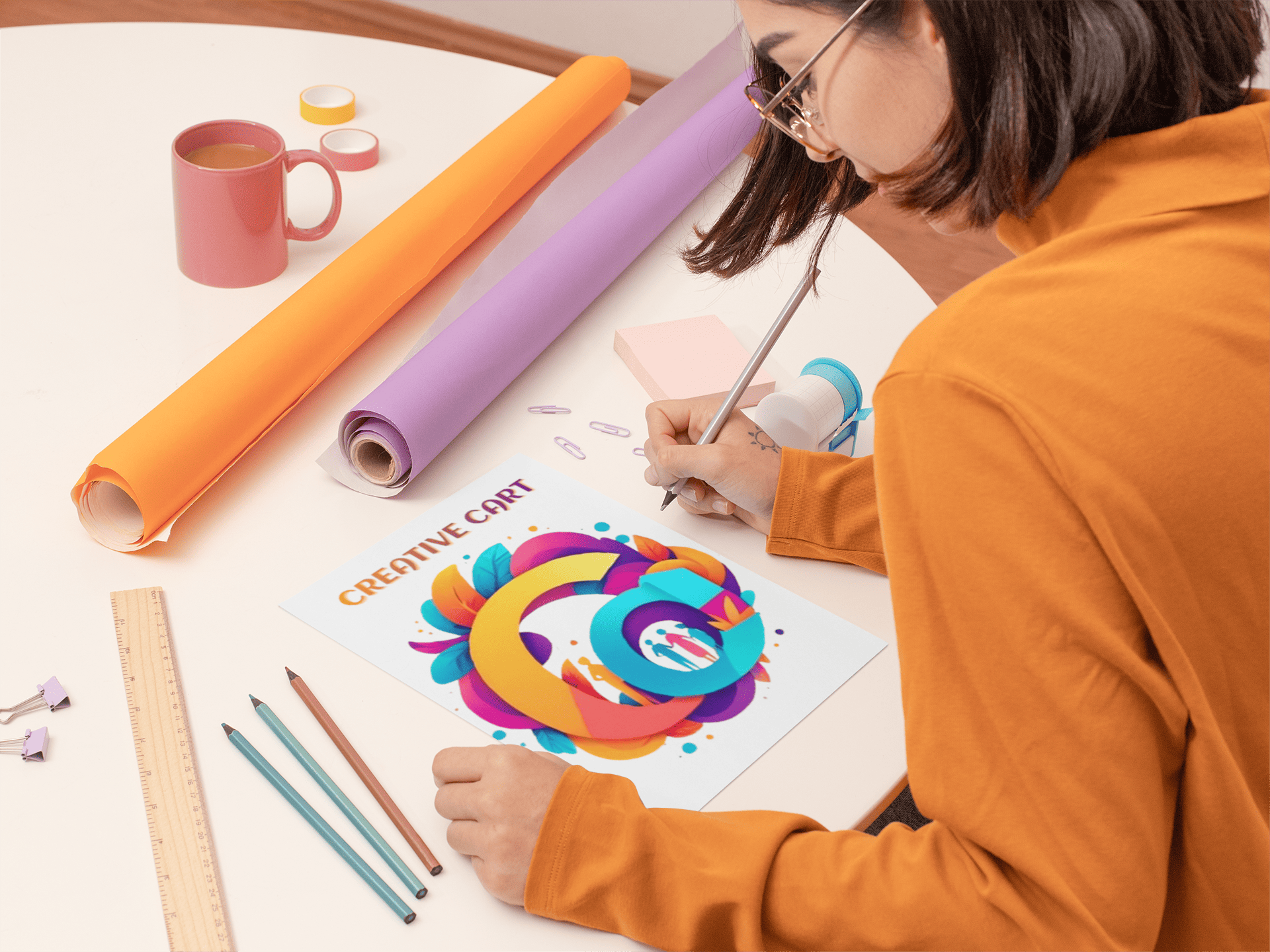 A girl Drawing Creative Cart Logo for her brand of creative and artistic clothes